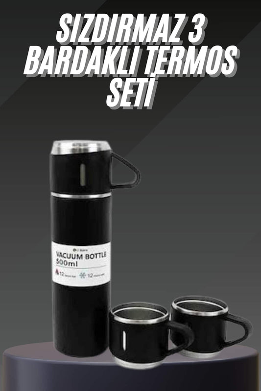 Termos Seti Paslanmaz Çelik 3 Bardaklı Vakumlu Termos Set 500 Ml 12 Saate Kadar Isı Koruma | En Uygun Termos Fiyatları