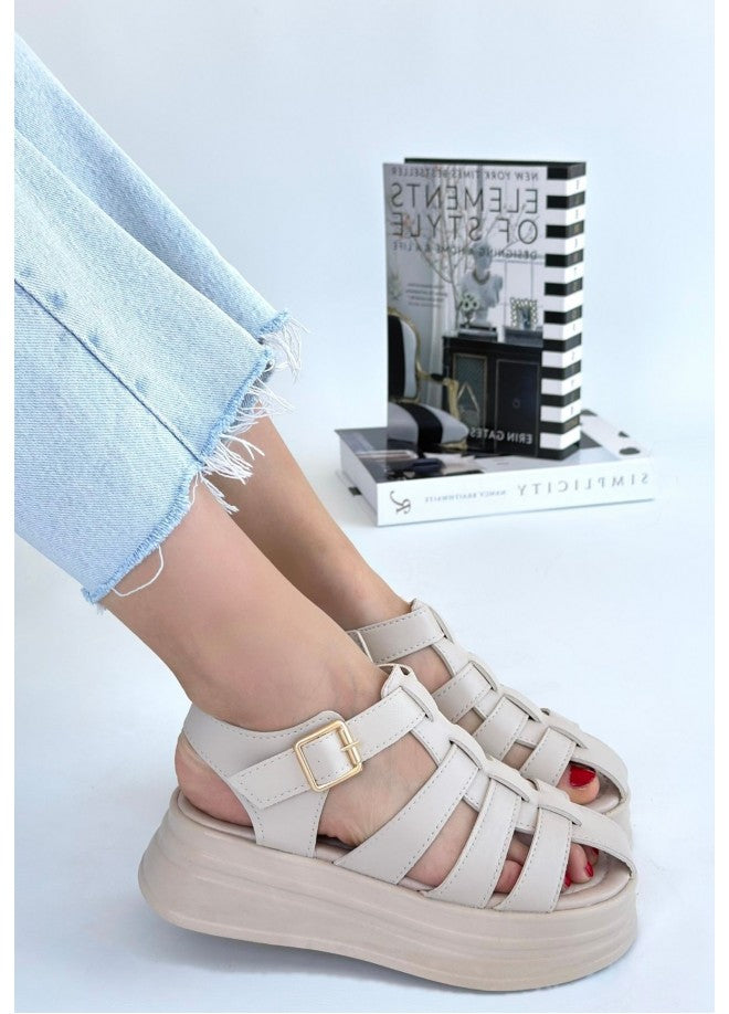 Toten Bej Cilt Kemerli Sandalet