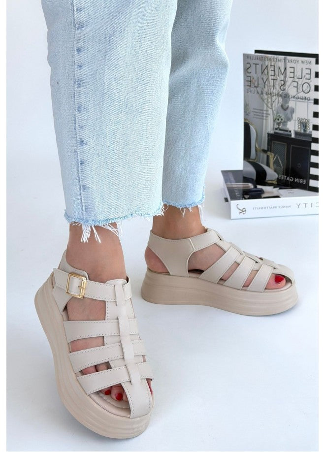 Toten Bej Cilt Kemerli Sandalet