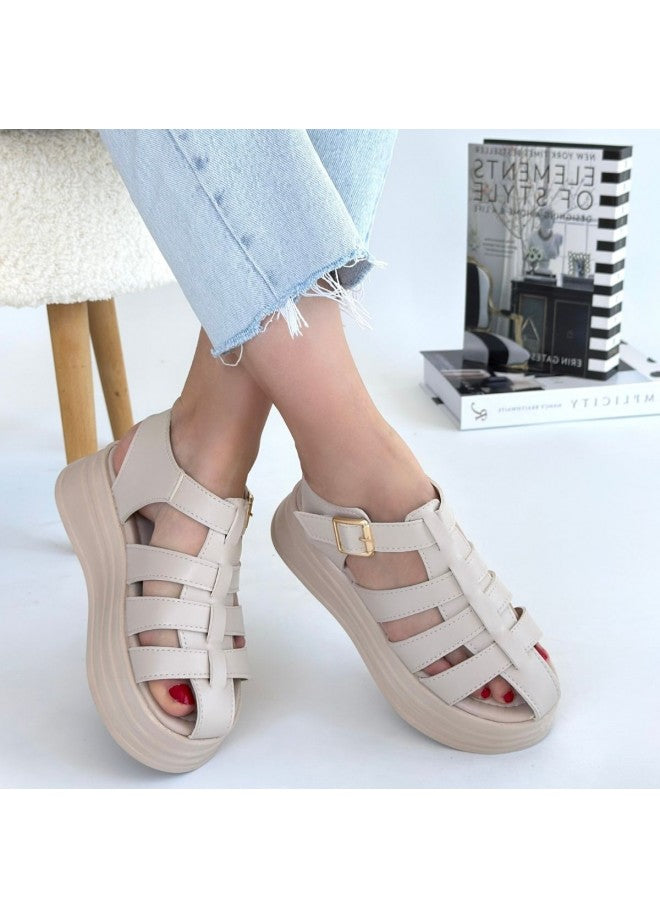 Toten Bej Cilt Kemerli Sandalet