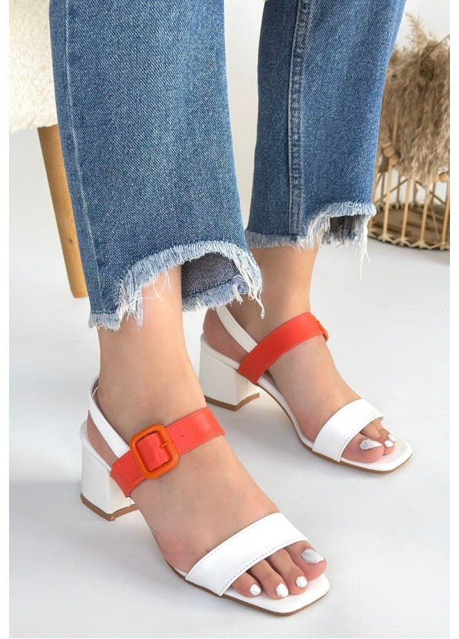 Year Beyaz Cilt Turuncu Detaylı Beyaz Topuklu Ayakkabı