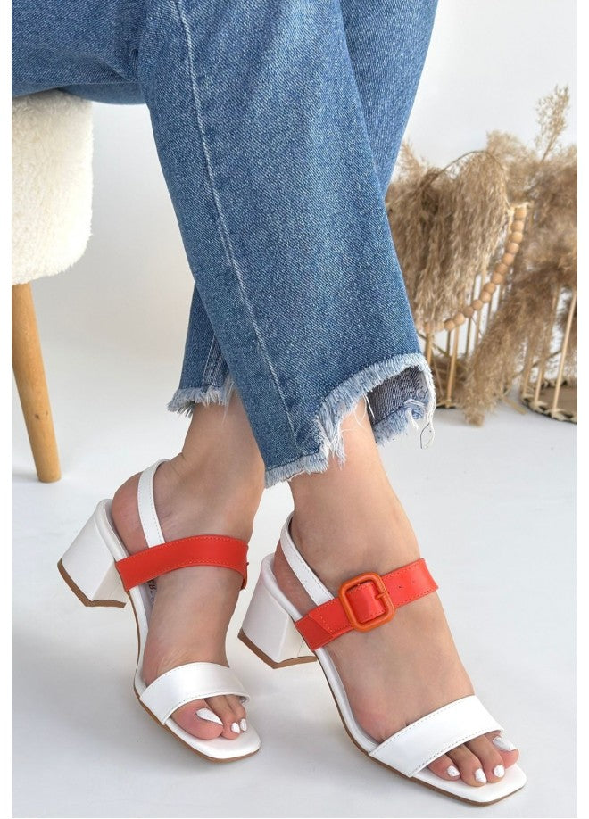 Year Beyaz Cilt Turuncu Detaylı Beyaz Topuklu Ayakkabı
